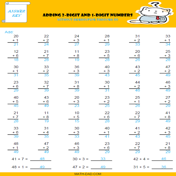 2-Digit Addition Without Regrouping through 50