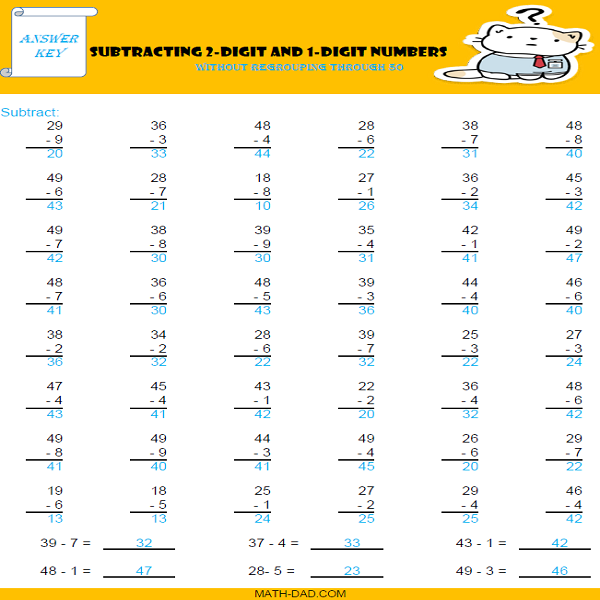 2-Digit Subtraction Without Regrouping through 50